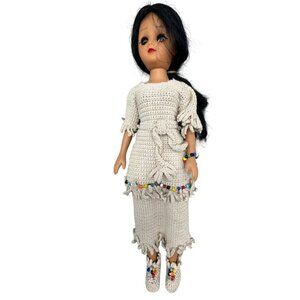 Vintage Handmade Crochet Doll Beaded Outfit & Shoes black hair beads READ